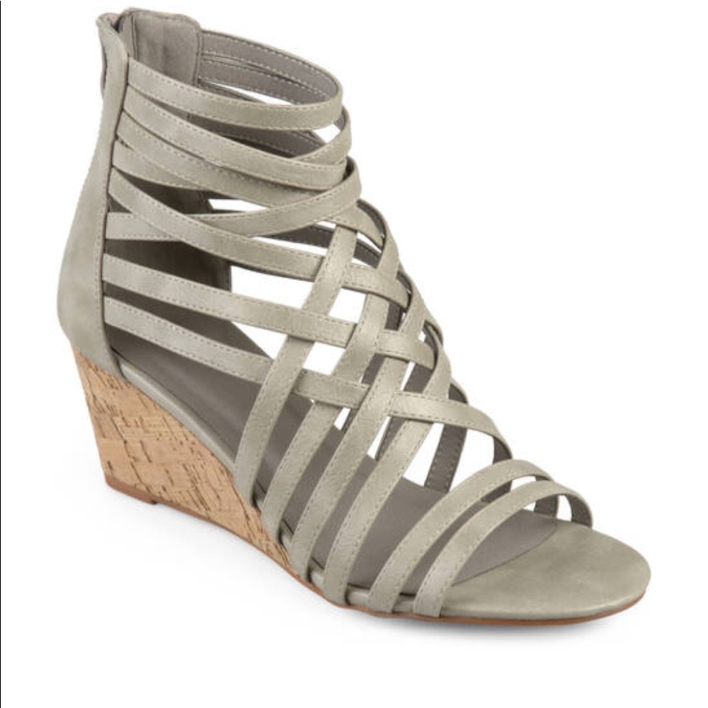 Grey faux leather strappy wedges